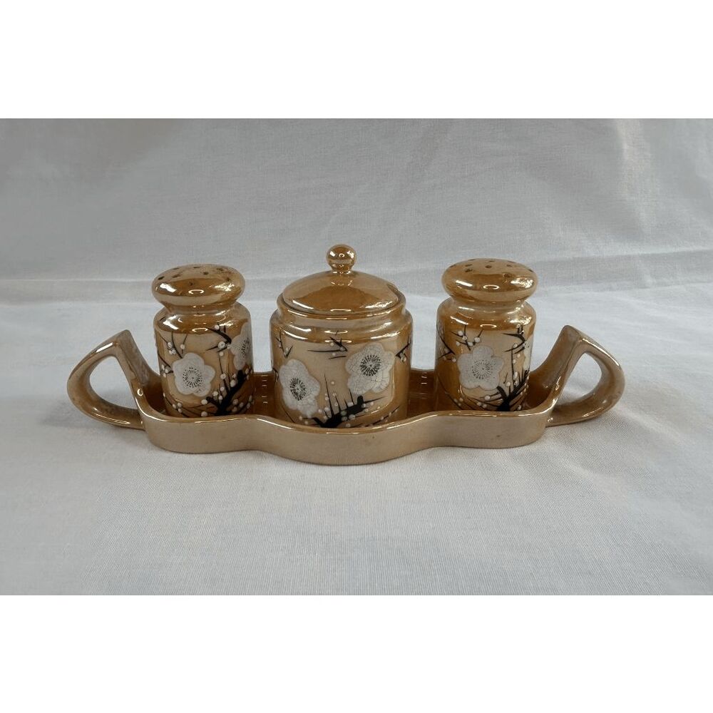 Vintage Lusterware Salt/Pepper/Sugar Set in Holder, Peach Flowers, Made in Japan